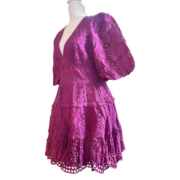 NWT Cynthia Rowley V-Neck Puff Sleeve Eyelet Dress. Color Purple Wine. Size 14. - Picture 5 of 10